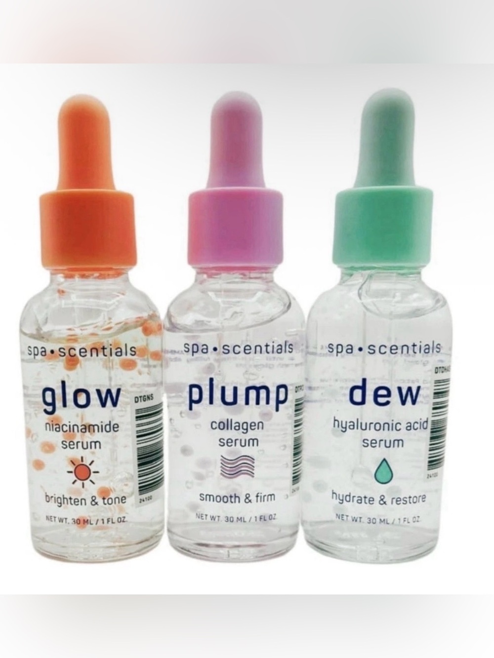 Spa•Scentials Glow•Plump•Dew Facial Serums Full Size Set of 3 Spa Essentials